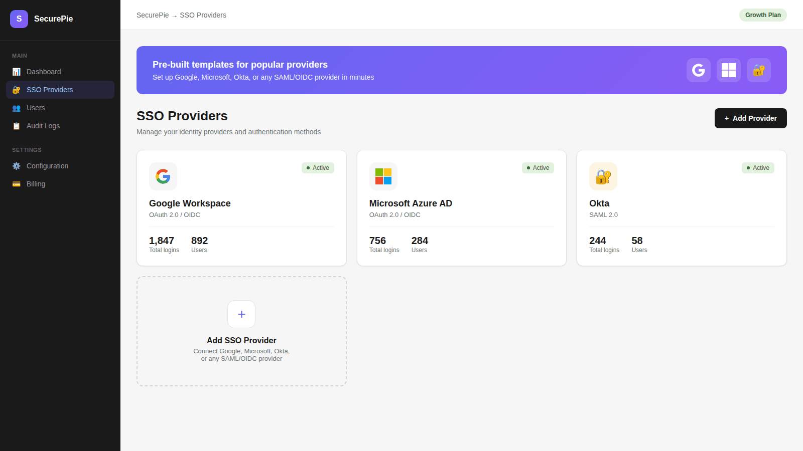 SSO providers page with Google, Microsoft, and Okta configured