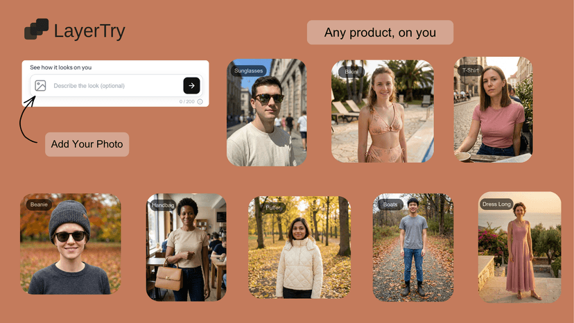 Try-on examples across clothing, accessories and people