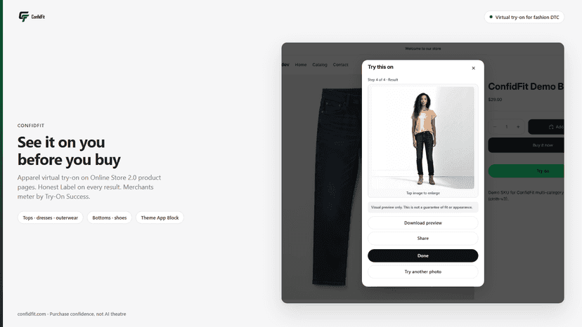 ConfidFit virtual try-on result on a fashion product page