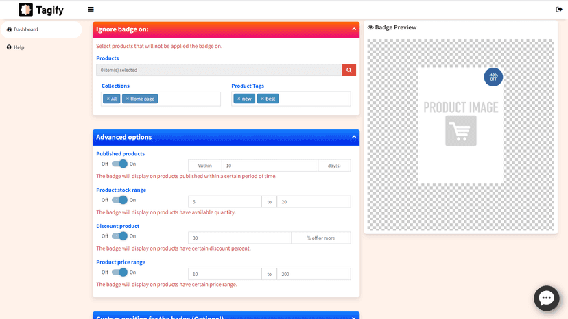 Advanced settings for badge targeting.