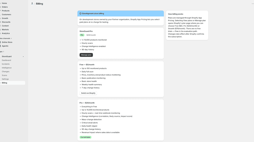 StoreGuard pricing plans with Free, Pro, and Growth monitoring o