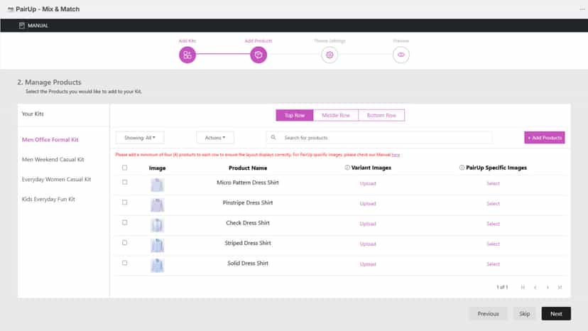 PairUp Mix & Match add products to kits screen