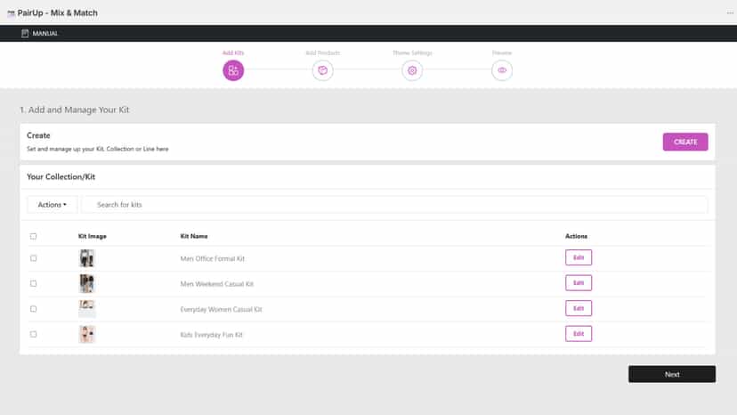 PairUp Mix & Match kit creation screen