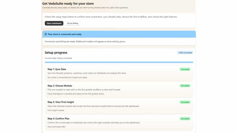 VedaSuite onboarding flow showing 100% setup complete with store