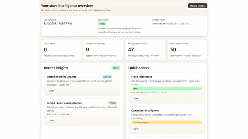 VedaSuite dashboard showing store intelligence overview
