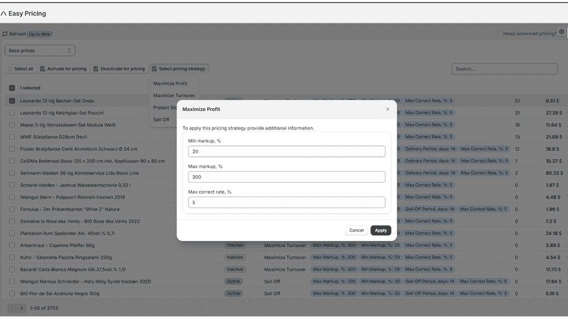 Apply specific pricing parameters