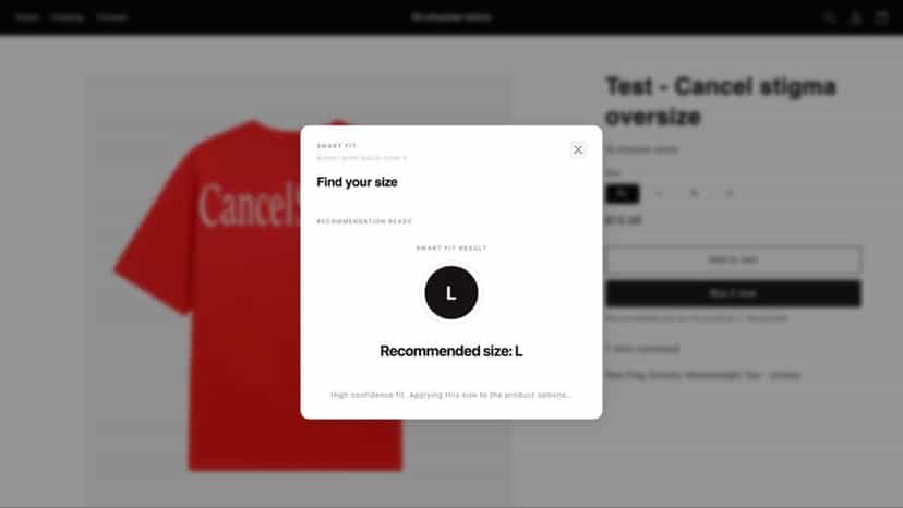Fit find recommends a size on a product page