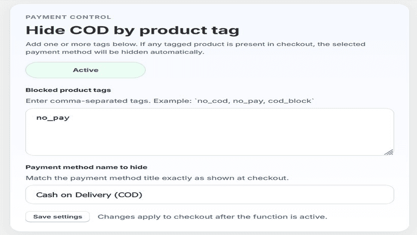 Payment Control: Hide COD by product tag settings panel