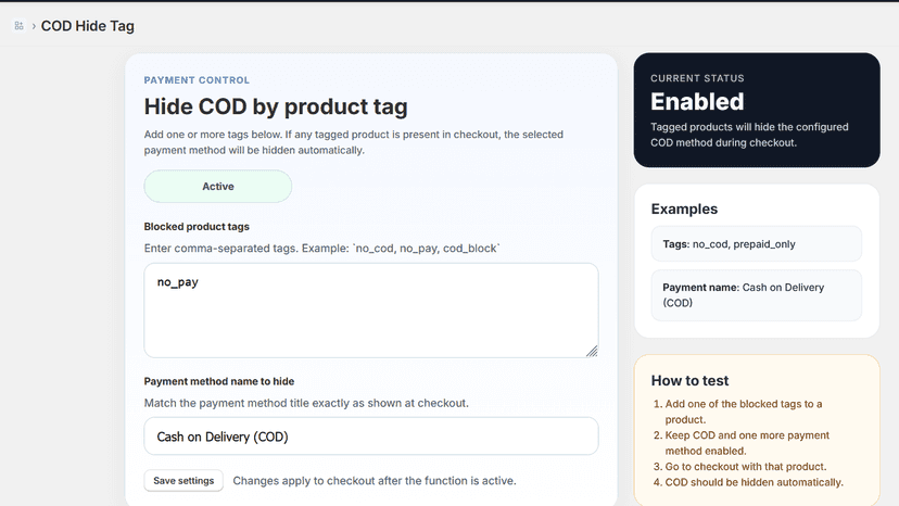 Shopify app dashboard to disable COD using product tags