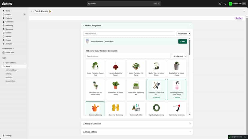 QuickAddons product configuration showing add-on selection grid