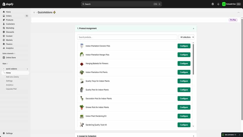 QuickAddons product assignment page listing all store products w