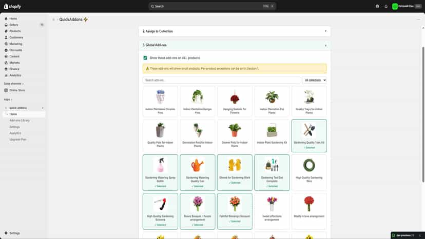 QuickAddons global add-ons section showing selected products tha