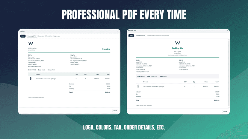 LOgo, colors, tax, order details, etc.