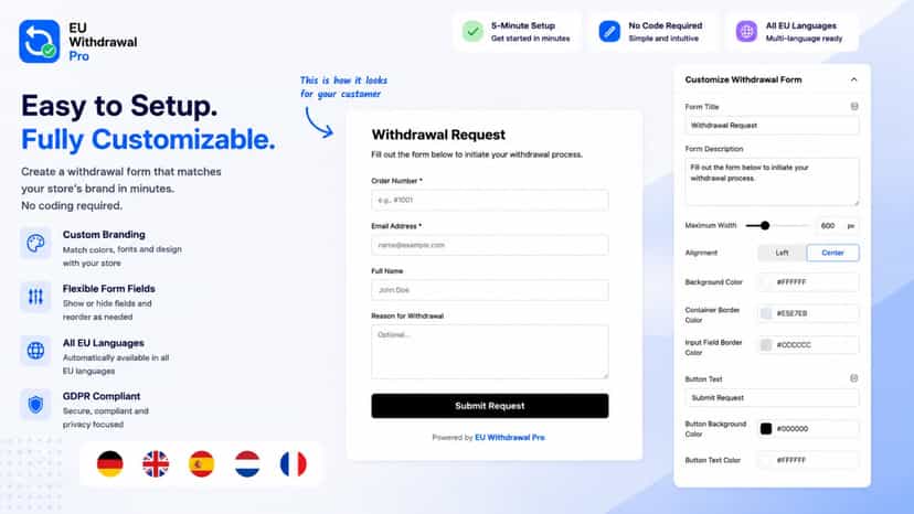 Customizable EU withdrawal form with store branding options