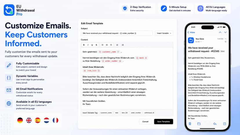 Custom confirmation email templates with dynamic variables