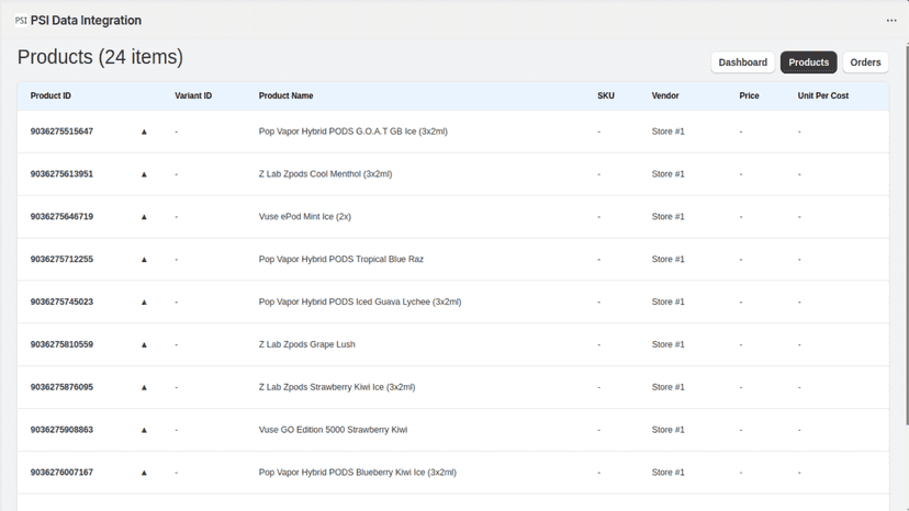 Products listing page with synced products data.