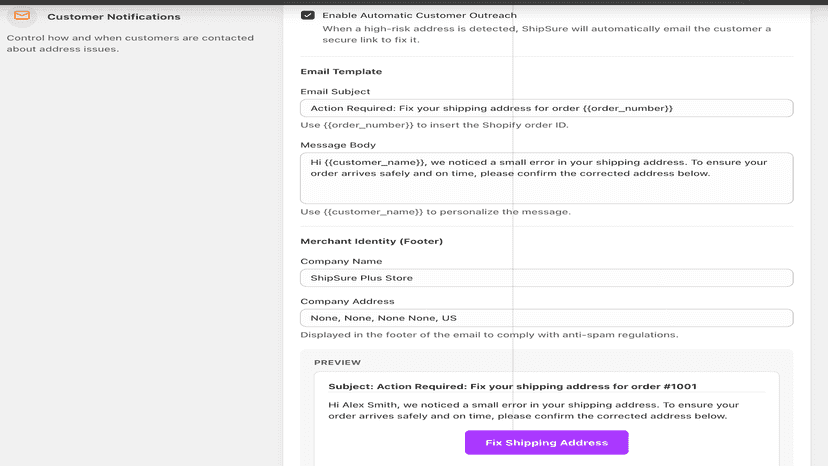 Customer Notification Template Settings