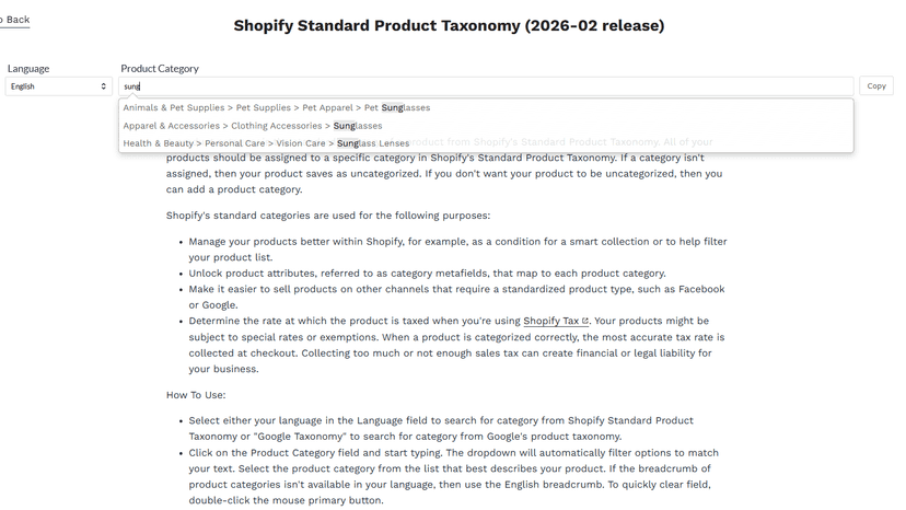 Quick Search the Product Taxonomy