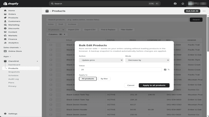 Product screen showing bulk editing.