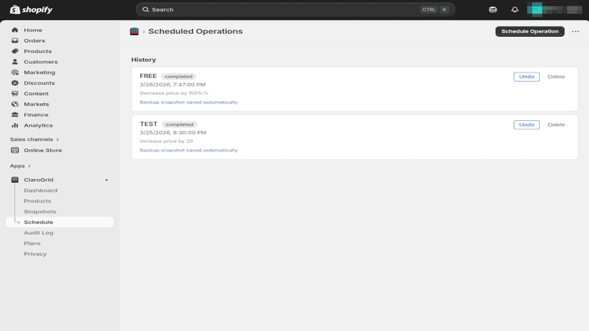 Schedule screen.