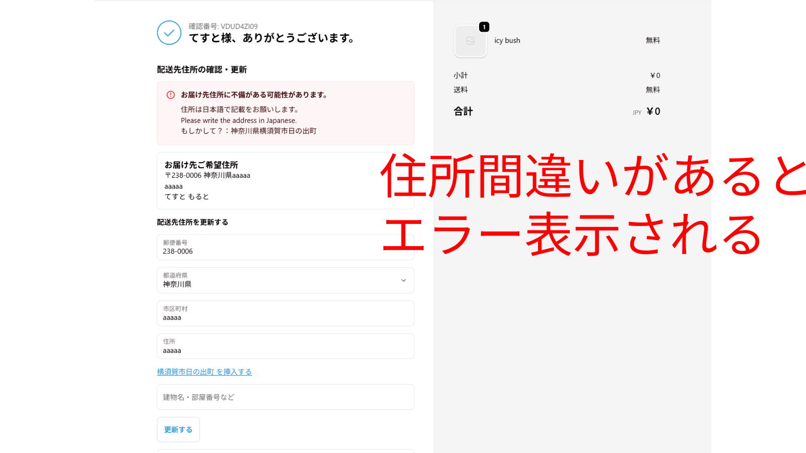 住所間違いがあるとエラー表示