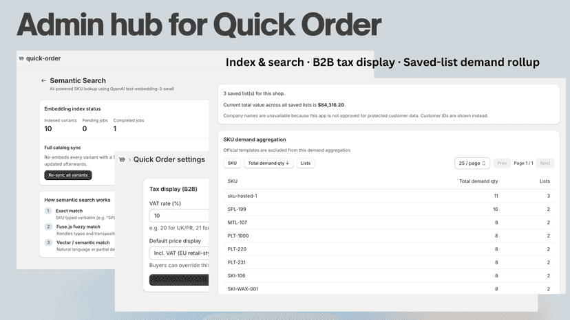 Admin hub for search indexing VAT settings and SKU demand