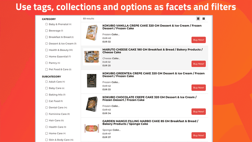 Use tags, collections, options as facets and filters