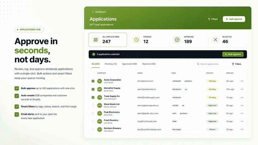 holesale applications list with bulk approve and smart filters