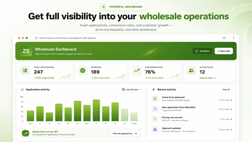 ZS B2B Gateway dashboard with KPIs, charts, and recent activity