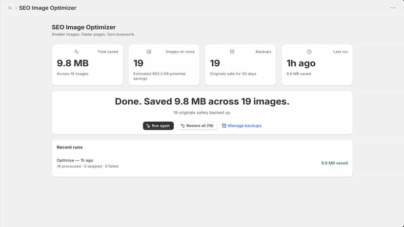 Dashboard shows 9.8 MB saved across 19 images in one click.