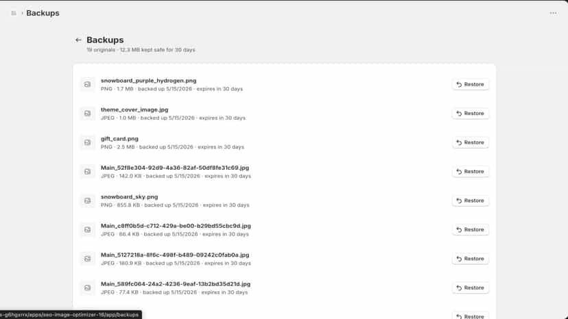 Settings: max width and JPEG quality, plus auto-optimise toggle.