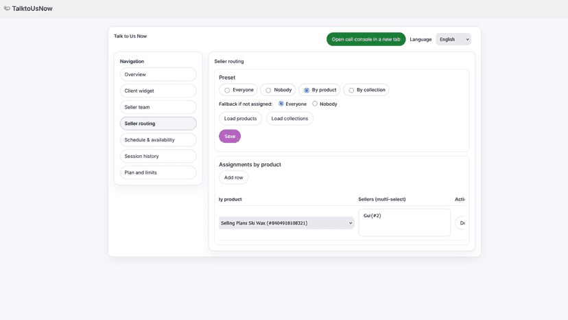 Admin setup: routing, hours, sellers and session stats.