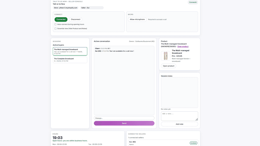 Vendor console handling live calls and chat sessions.