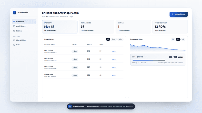 AccessBinder audit dashboard inside Shopify admin