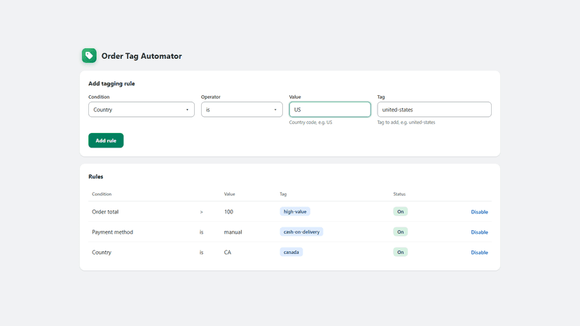 Add tagging rule form with country, value and payment conditions