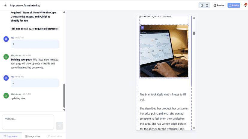 FunnelMind generating an advertorial page from a product URL
