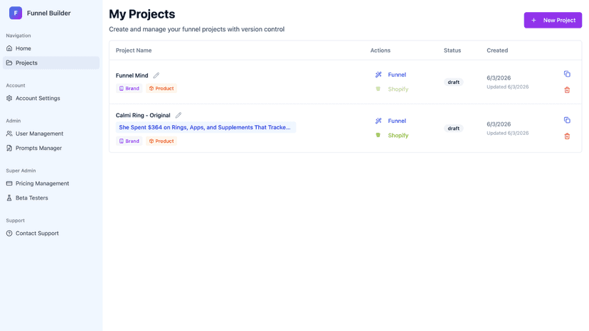 FunnelMind dashboard listing generated page projects