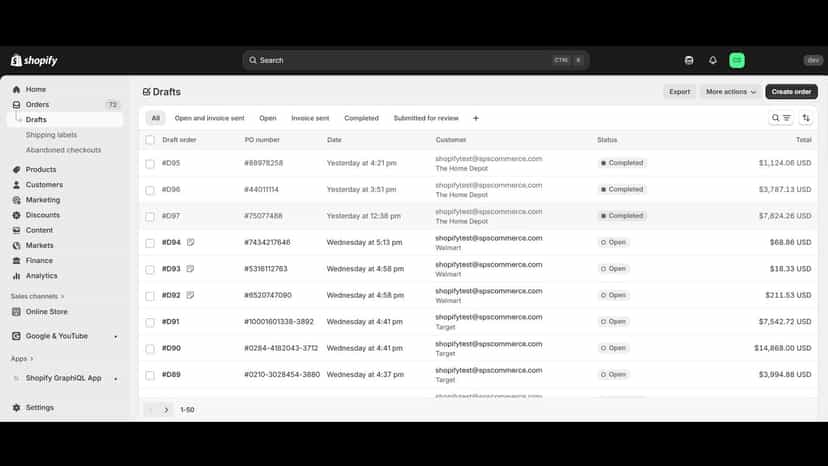 Draft orders within Shopify for all sales channels