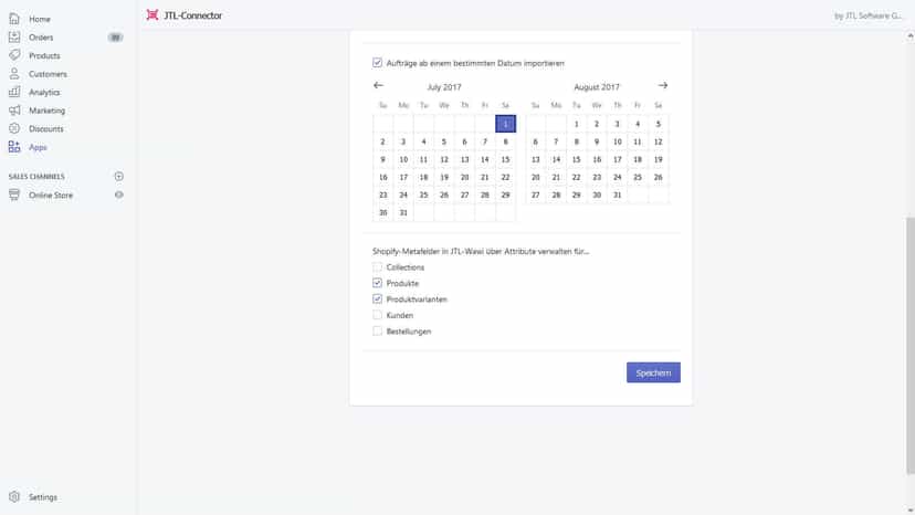 Einrichtung von JTL-Connector: Zeitraum für Datenimport