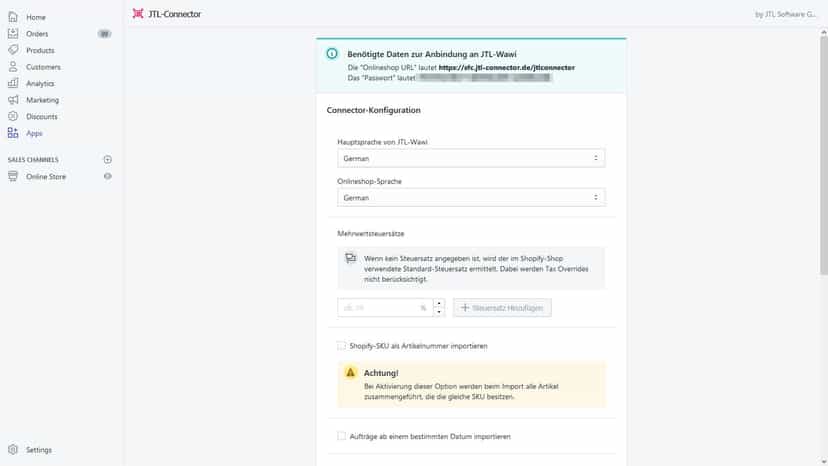 Einrichtung von JTL-Connector: Sprachen und SKUs