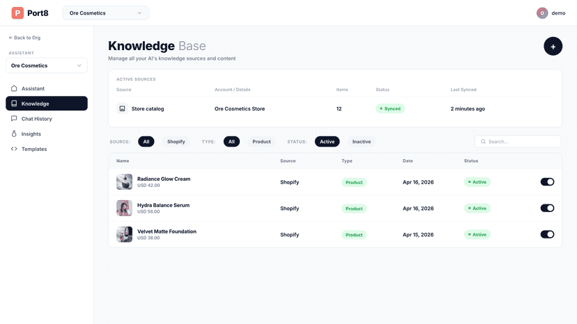 Port8 dashboard showing a connected product catalog and items