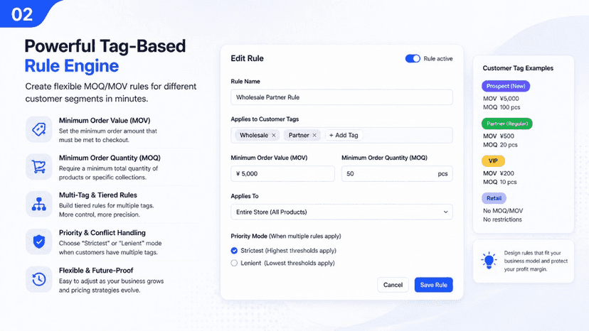 Rule editor UI for tag-based MOV, MOQ, and priority settings.