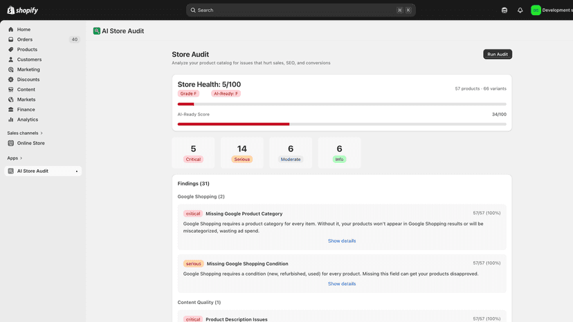 Store Health score 5/100 with Grade F, AI-Ready score, severity