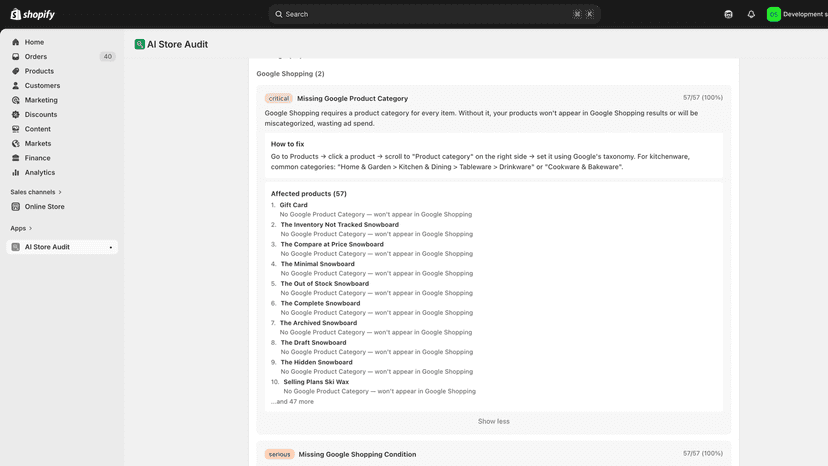 Critical issue expanded showing fix instructions and list of 57