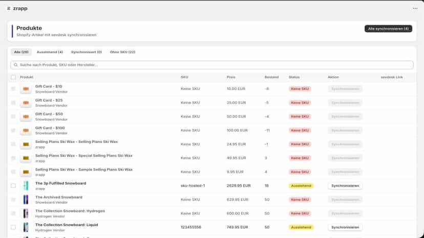 Product sync overview with stock and status