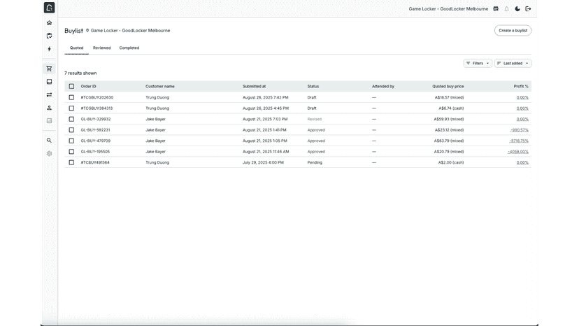 Platform Buylist view