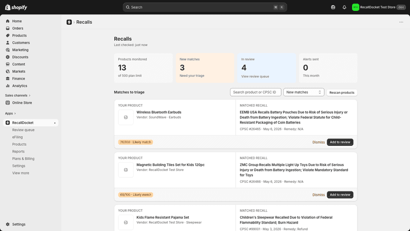 Recall monitoring dashboard with match cards and stat overview