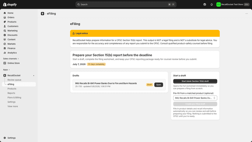 eFiling drafts list with deadline tracking and submission status