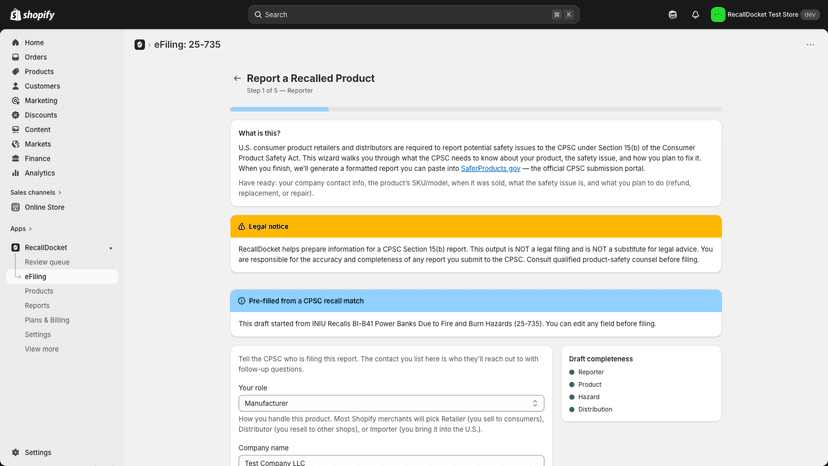Section 15b eFiling draft wizard with guided step-by-step