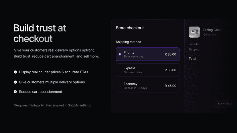 Show live courier rates at Shopify checkout with Evership